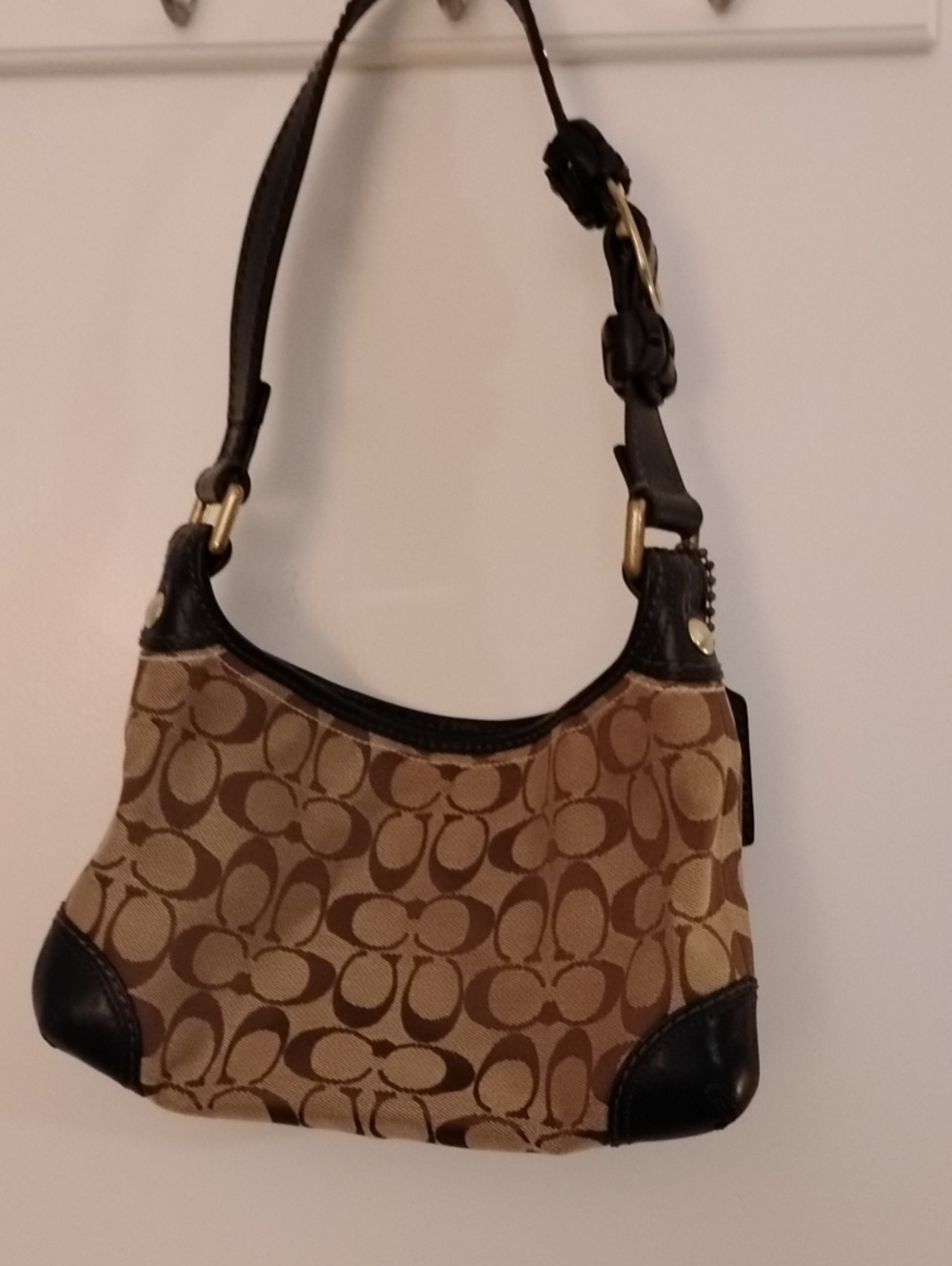 Coach Brown Signature Canvas Shoulder Bag with Dark Brown Trim